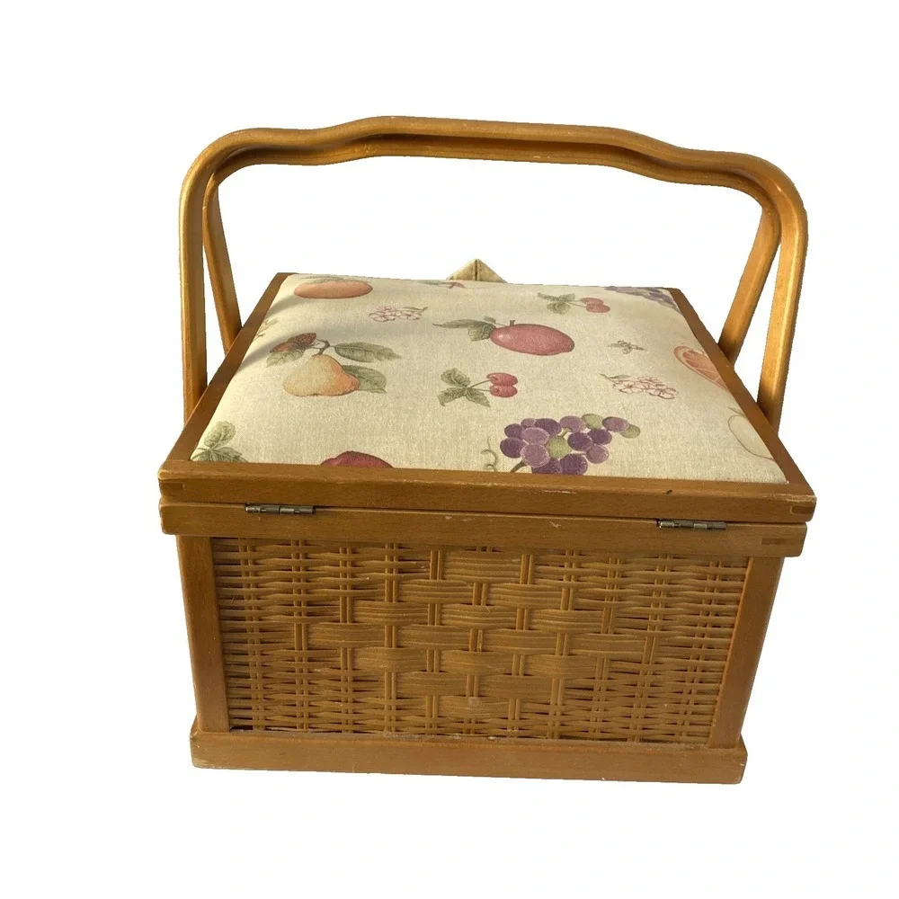 Vtg Jumbo Nantucket Style Wooden Wicker Sewing Basket, Fruit Motif